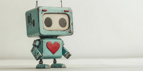 light blue boy robot toy of a real vintage computer for Valentines Day concept 