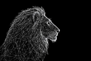 Wall Mural - stylized geometric wireframe lion head on black background.