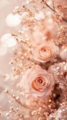 Aufkleber - Delicate peach roses adorned with sparkling accents create a serene floral display in soft lighting