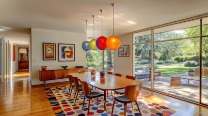 Wall Mural - Mid-century modern dining room with colorful accents.