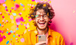 © NORN - Joyful Celebration: Man with phone amidst confetti shower, vibrant colors, happy expression