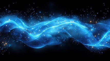 Wall Mural - Abstract blue wave with sparkling particles flowing against a dark background, creating a sense of motion and depth