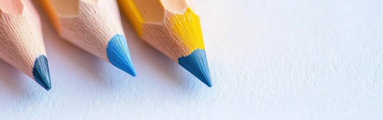 Poster - Colored pencils with blue and yellow tips placed on a white background for artistic exploration and creativity