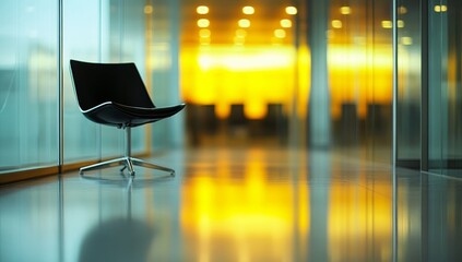 Wall Mural - Modern office chair sits in glass hallway, meeting room blurred