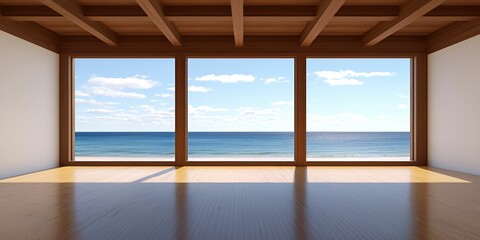 Wall Mural - Mindful living peaceful concept. Spacious interior with large windows showcasing a tranquil ocean view.