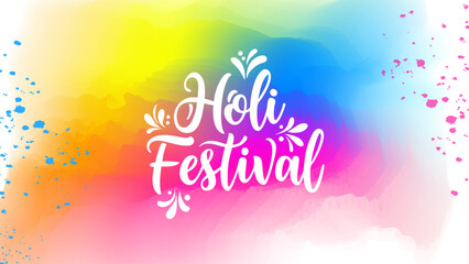Leinwandbilder - Holi Festival celebration banner. Indian Festival of colors. Hand lettering on bright colored background. Vector illustration.
