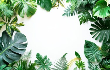 Wall Mural - Tropical leaves frame, white background, nature design, mockup