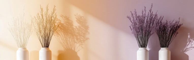 Aufkleber - Lavender stems in minimalist vases casting shadows on a muted lavender wall during afternoon light