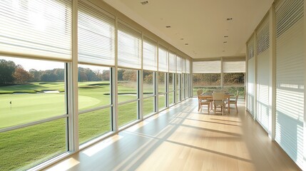 Wall Mural - Sunlit dining room with floor-to-ceiling windows and blinds overlooking a golf course.