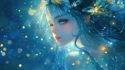 Aufkleber - Enchanting figure surrounded by deep ocean blue and aquamarine tones in a mystical underwater realm