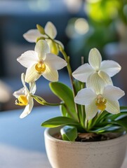 Poster - Stunning close-up of a flourishing orchid plant in modern indoor decor enhancing natural beauty