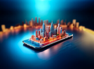 Poster - Miniature city on a smartphone screen, showcasing vibrant buildings against a blurred backdrop, suggesting futuristic urban technology.