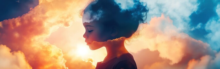 Poster - Child glowing against a vibrant sky with clouds at sunset in a moment of serene wonder
