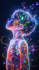 Poster - Child radiating energy with colorful light in a dark environment during nighttime exploration