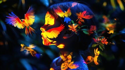 Poster - Child glowing with vibrant birds and flowers in a magical forest at twilight