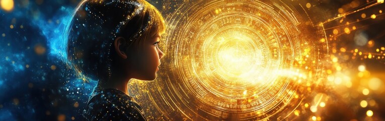 Leinwandbilder - Child experiences a captivating glow while gazing at a vibrant cosmic visualization during twilight hours