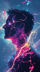 Poster - Vibrant portrait of a man illuminated by colorful light in a dynamic abstract setting