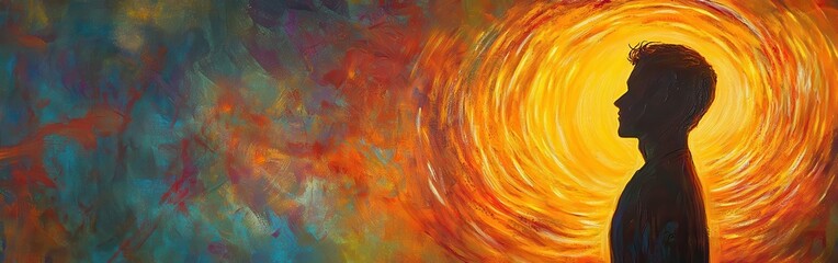 Poster - Vibrant portrayal of a man's profile illuminated by a radiant glow against an abstract background of swirling colors