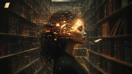 Poster - Surreal visualization of a glowing woman amidst an ethereal library filled with floating books and radiant light