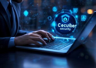 man types on laptop, cybersecurity interface, night office, data protection