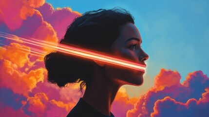 Aufkleber - Surreal glowing woman amidst vibrant clouds in an ethereal landscape at twilight