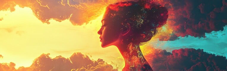 Aufkleber - Surreal depiction of a glowing woman amidst vibrant dreamlike clouds and colors at twilight