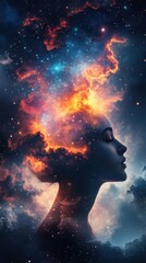 Poster - Surreal glowing representation of a woman’s silhouette with cosmic elements emerging from her head against a dark background
