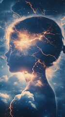 Poster - Surreal glowing child surrounded by cosmic energy amid vibrant clouds and electric bursts in the twilight sky
