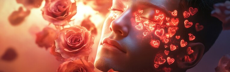Poster - Surreal portrait of a man's glowing face surrounded by hearts and roses at an ethereal setting evoking love and tranquility