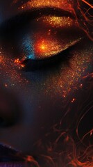 Fototapete - Surreal depiction of a glowing woman’s face surrounded by vibrant light patterns and colors at dusk