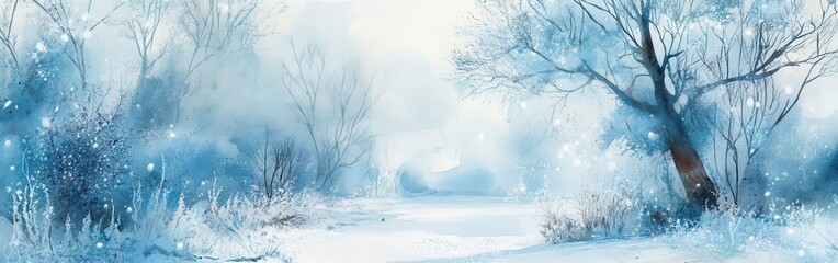Fototapete - Soft wintery watercolor background blending serene blues and whites evokes a peaceful snowy landscape in quiet solitude