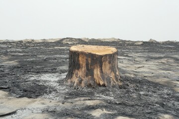 Charred Tree Stump in a Smoky Aftermath of Forced Destruction