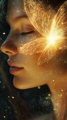Aufkleber - Glowing portrait of a woman immersed in serenity with floral motifs and soft light