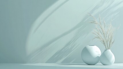 Aufkleber - Elegant white vases with decorative dried flowers against a pale sky blue background showcasing modern minimalist design aesthetics