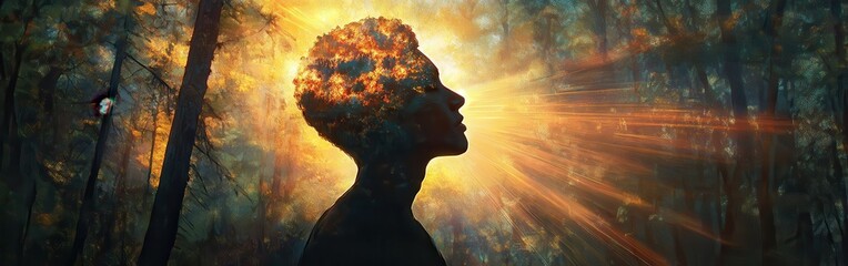 Poster - Mystical profile of a man reflecting nature's beauty with sunbeams shining through a forest