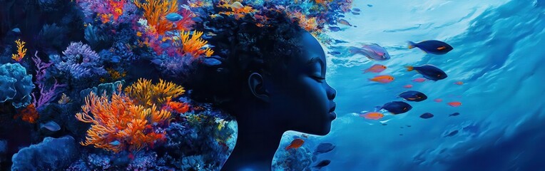 Aufkleber - Mystical underwater world featuring a child's silhouette surrounded by vibrant coral and fish