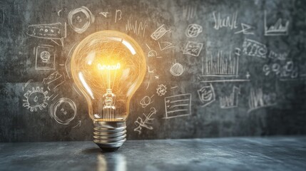 Aufkleber - Glowing light bulb illuminating a dark room with metallic base and creative sketches on wall