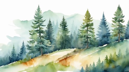 Wall Mural - lush evergreen trees on a misty hillside under soft sunlight during a tranquil morning in a forest l