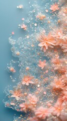 Poster - Soft coral blooms blend with shimmering light against a serene blue backdrop