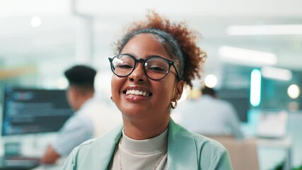 Fototapete - Happy woman, face and software developer with glasses for coding or app development at office. Portrait, female person or programmer with smile on technology for UI, UX or AI design and programming
