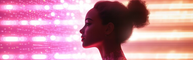 Aufkleber - Woman radiates a soft glow amidst vibrant lights in an abstract urban setting at twilight
