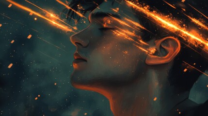 Poster - Conceptual artwork of a man's face illuminated by intense light and dynamic abstract elements during a creative expression session