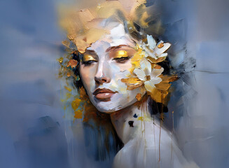 Poster - Dreamy woman with white and gold face paint and floral accents. Artistic and serene portrait with a soft, blurry blue backdrop.