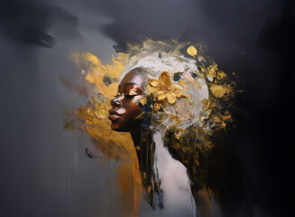 Poster - Elegant woman with dark skin, enveloped in swirling gold and white powder against a dark backdrop. An artistic and ethereal portrait.