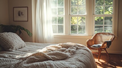 Aufkleber - Serene bedroom featuring a cozy woolen throw and bright natural light from large windows