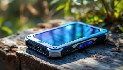 Rugged Smartphone Resting On Rustic Wooden Surface