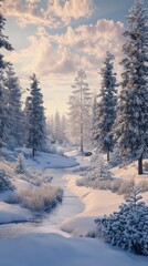 Aufkleber - Snow-covered landscape with a gentle stream under a clear sky during winter twilight