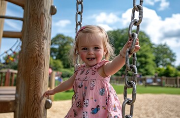 Wall Mural - happy little girl playing on the playground, climbing frame with chain and wooden pole