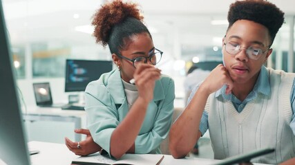 Aufkleber - Trading, computer and people with planning on tablet for stock market analysis, currency comparison and strategy. Business team, trader and talking of investment research and cryptocurrency in office
