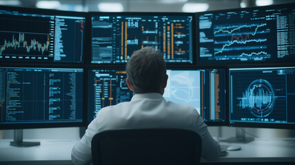 Wall Mural - a businessman sits before multiple monitors displaying complex data charts and graphs. He is focused and engrossed in his work. 